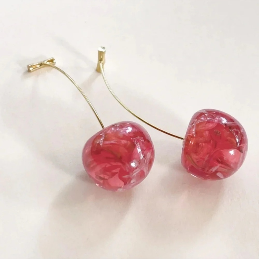 Pink Cherry Gold Drop Earrings - Picture 3 of 10